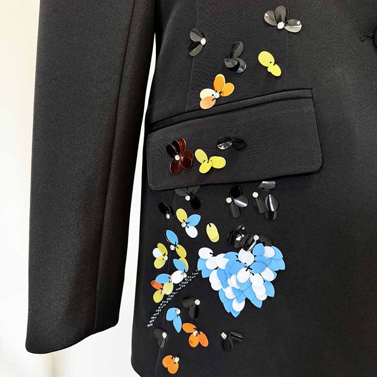 Sequin Flower Embellished Pantsuit Black Slim Fit Set Formal Suit