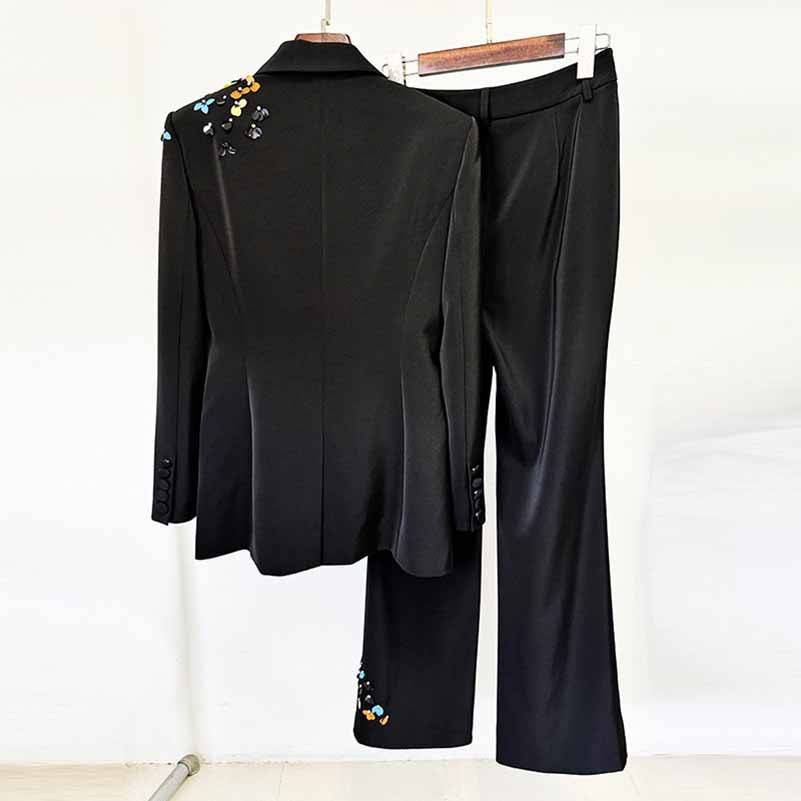 Sequin Flower Embellished Pantsuit Black Slim Fit Set Formal Suit