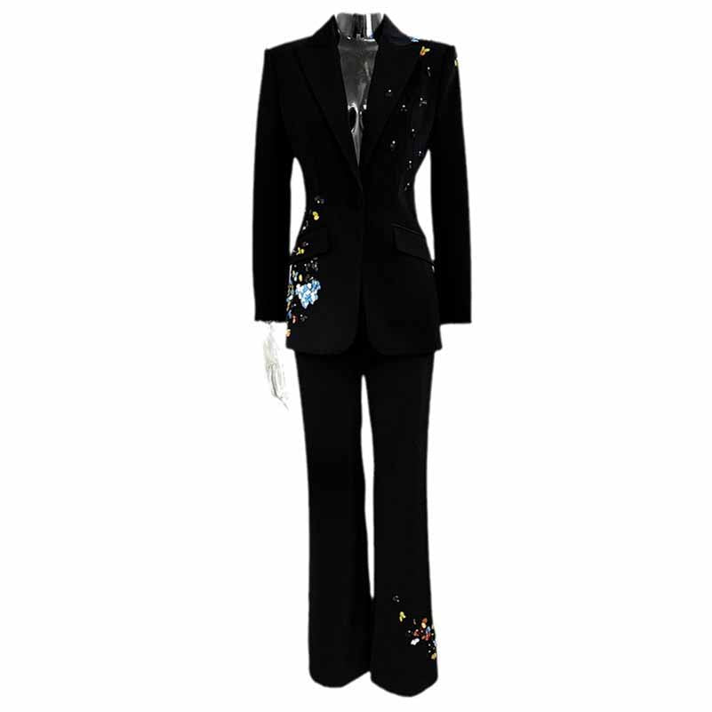 Sequin Flower Embellished Pantsuit Black Slim Fit Set Formal Suit