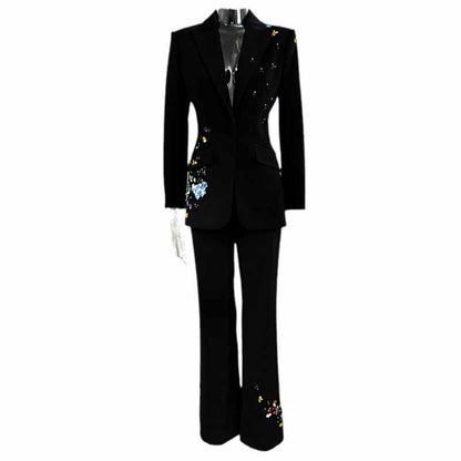 Sequin Flower Embellished Pantsuit Black Slim Fit Set Formal Suit