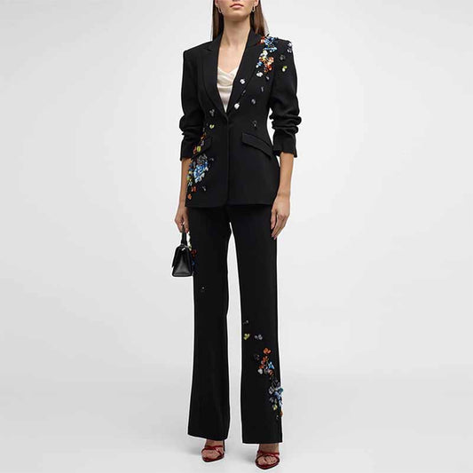 Sequin Flower Embellished Pantsuit Black Slim Fit Set Formal Suit