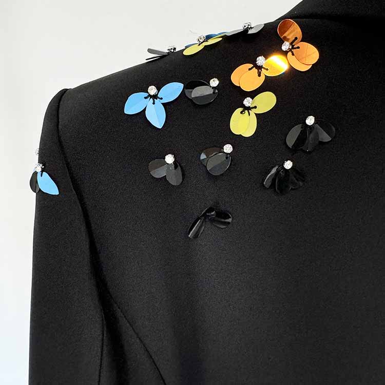 Sequin Flower Embellished Pantsuit Black Slim Fit Set Formal Suit