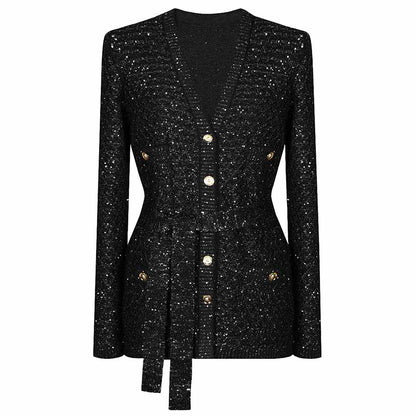 Women's Sequin Knited Top Coat with Lace-up Belted