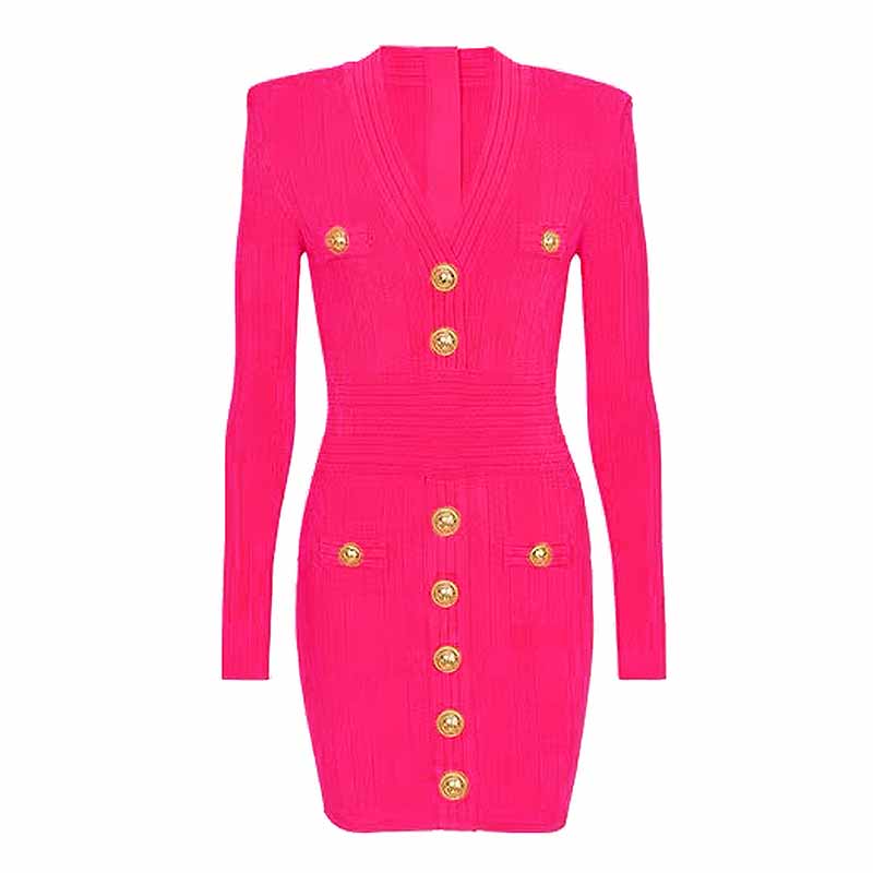 Women's Short Knitted Dress With Gold Buttons Ribbed Mini-dress