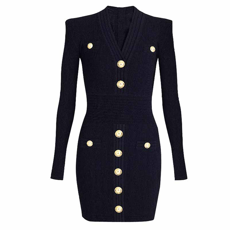 Women's Short Knitted Dress With Gold Buttons Ribbed Mini-dress