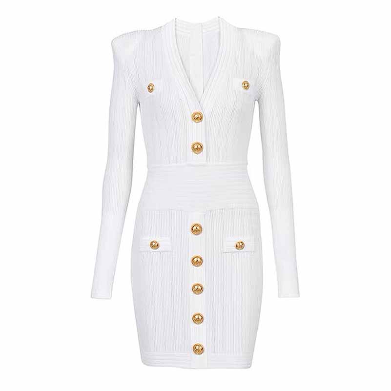 Women's Short Knitted Dress With Gold Buttons Ribbed Mini-dress