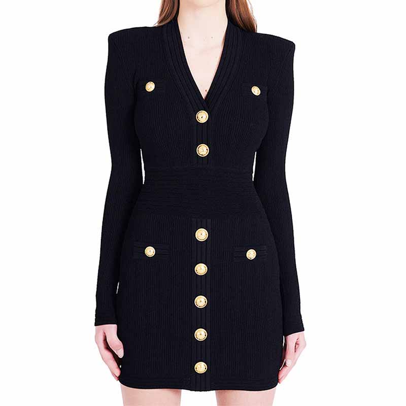 Women's Short Knitted Dress With Gold Buttons Ribbed Mini-dress