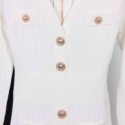 Women's Short Knitted Dress With Gold Buttons Ribbed Mini-dress