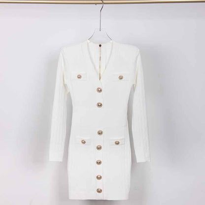 Women's Short Knitted Dress With Gold Buttons Ribbed Mini-dress