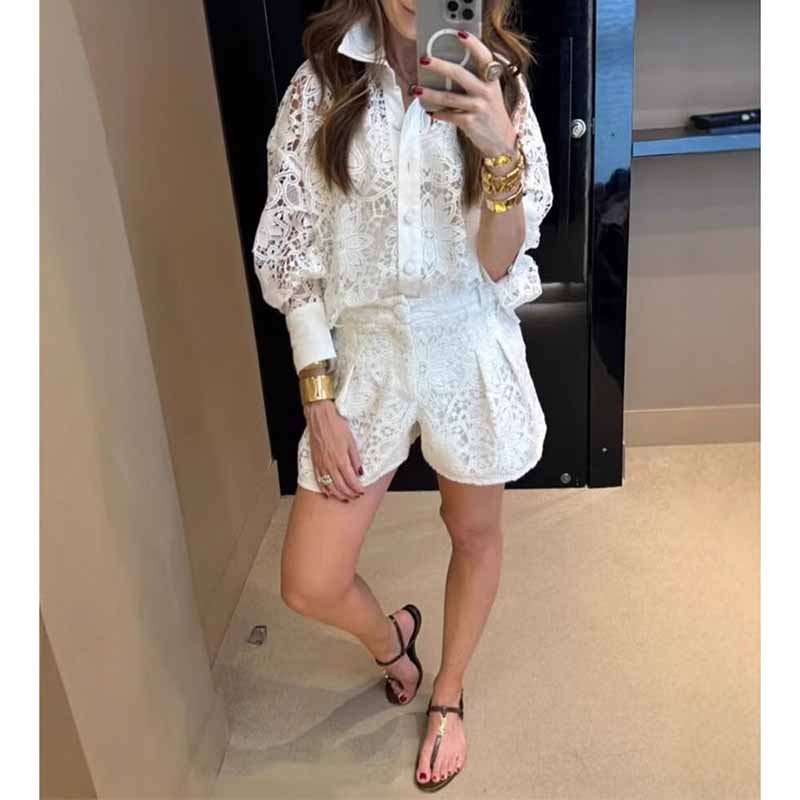 Women's Short Suit Hollow Cut Lace Two Pieces Set