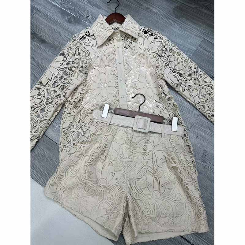 Women's Short Suit Hollow Cut Lace Two Pieces Set