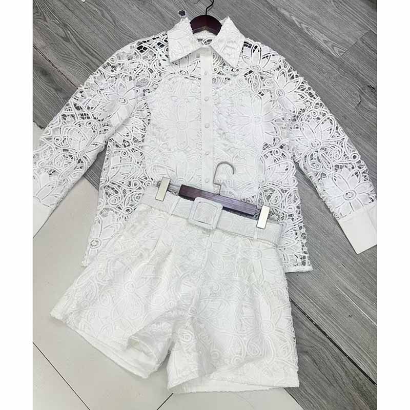 Women's Short Suit Hollow Cut Lace Two Pieces Set