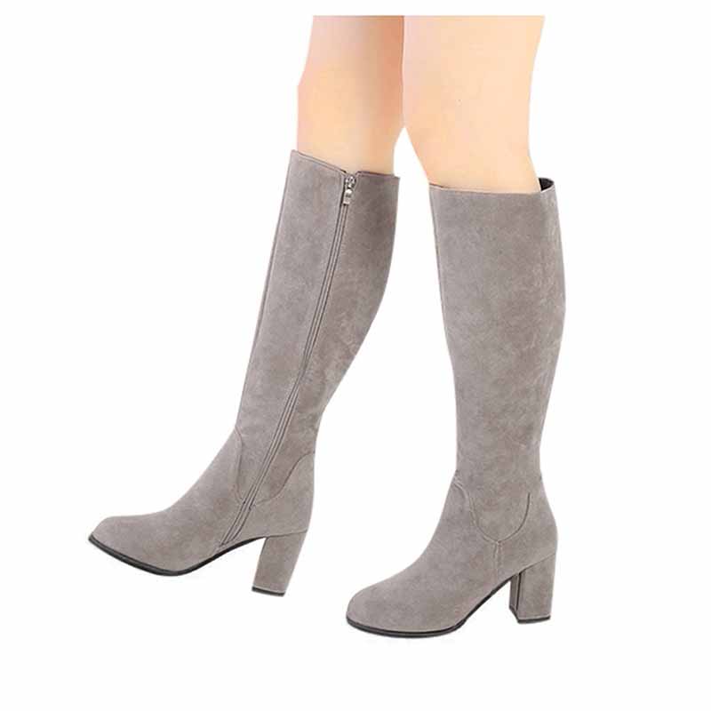 Women's Side Zipper Chunky Heel Knee High Boots