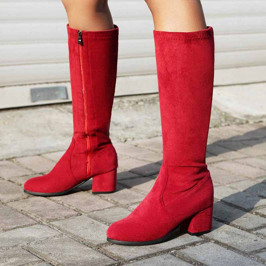 Women's Side Zipper Chunky Heel Knee High Boots