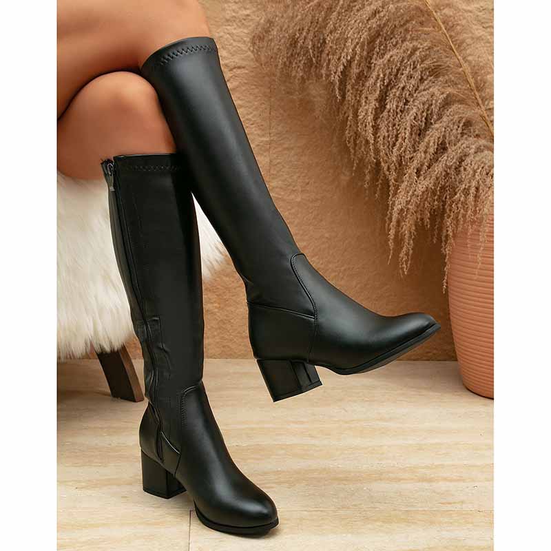 Women's Side Zipper Chunky Heel Knee High Boots