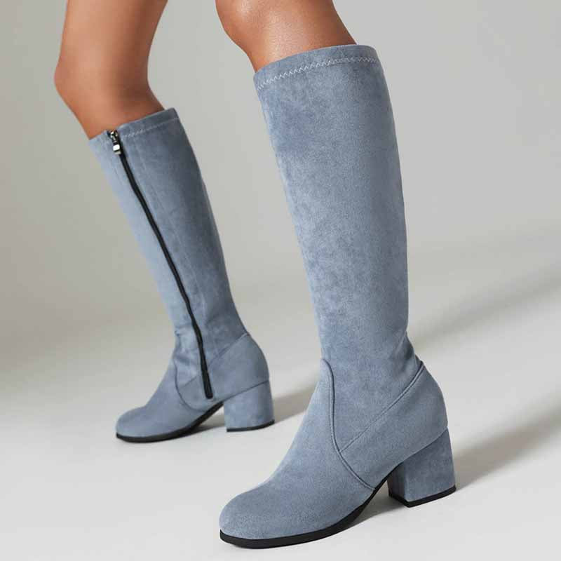 Women's Side Zipper Chunky Heel Knee High Boots