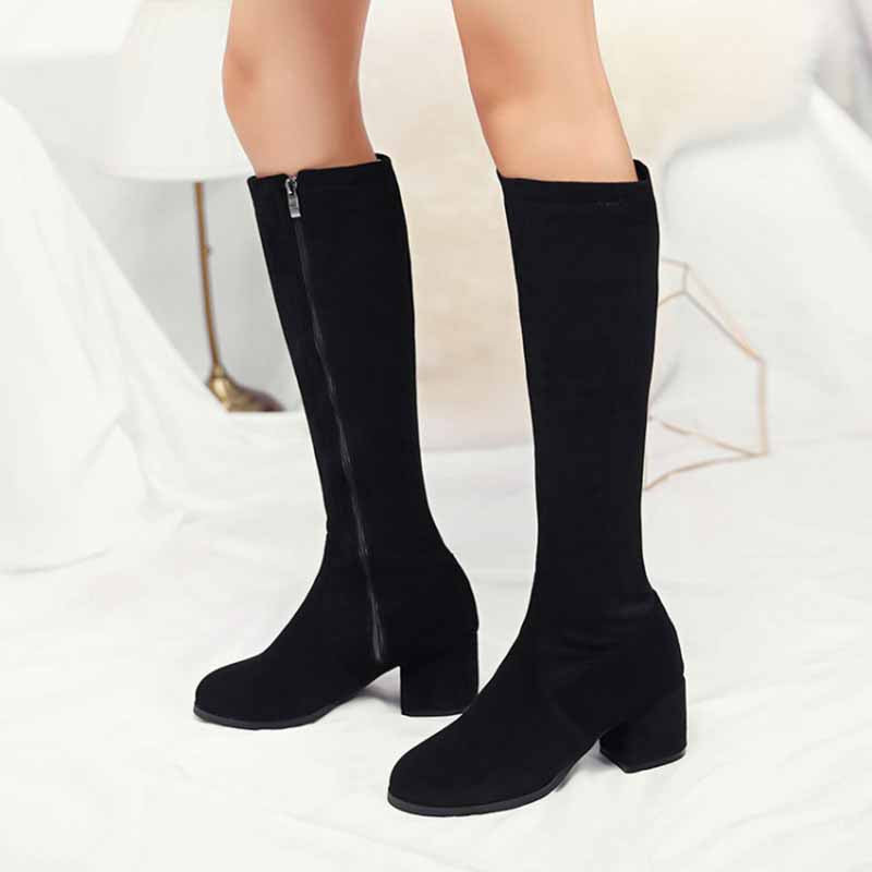 Women's Side Zipper Chunky Heel Knee High Boots