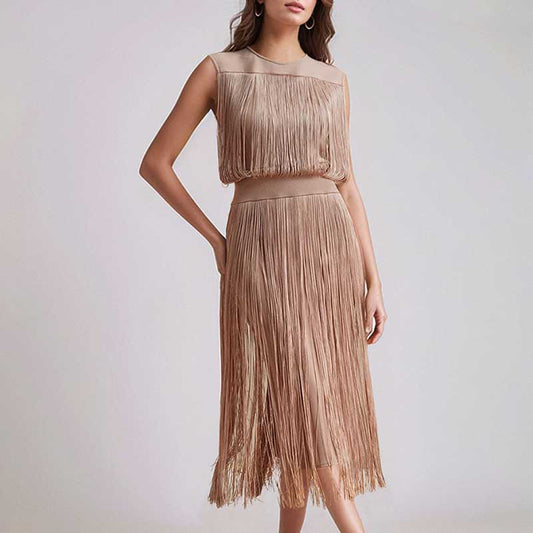 Elegant sleeveless tassel midi dress in soft beige with flowing fringe detailing for a stylish look