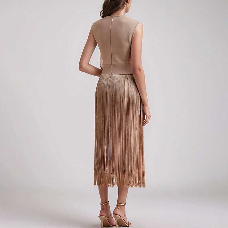 Back view of elegant sleeveless tassel midi dress in beige with a flowing tassel design