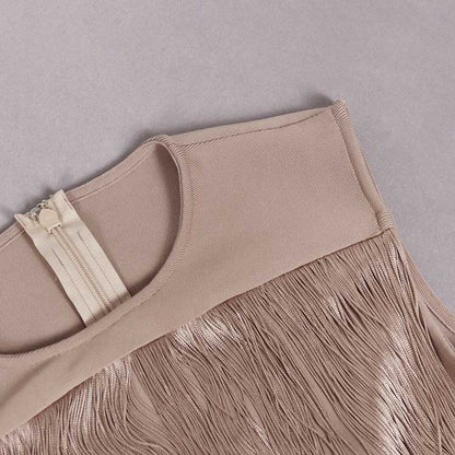 Close-up of the elegant sleeveless tassel midi dress showing detailed stitching and zipper closure