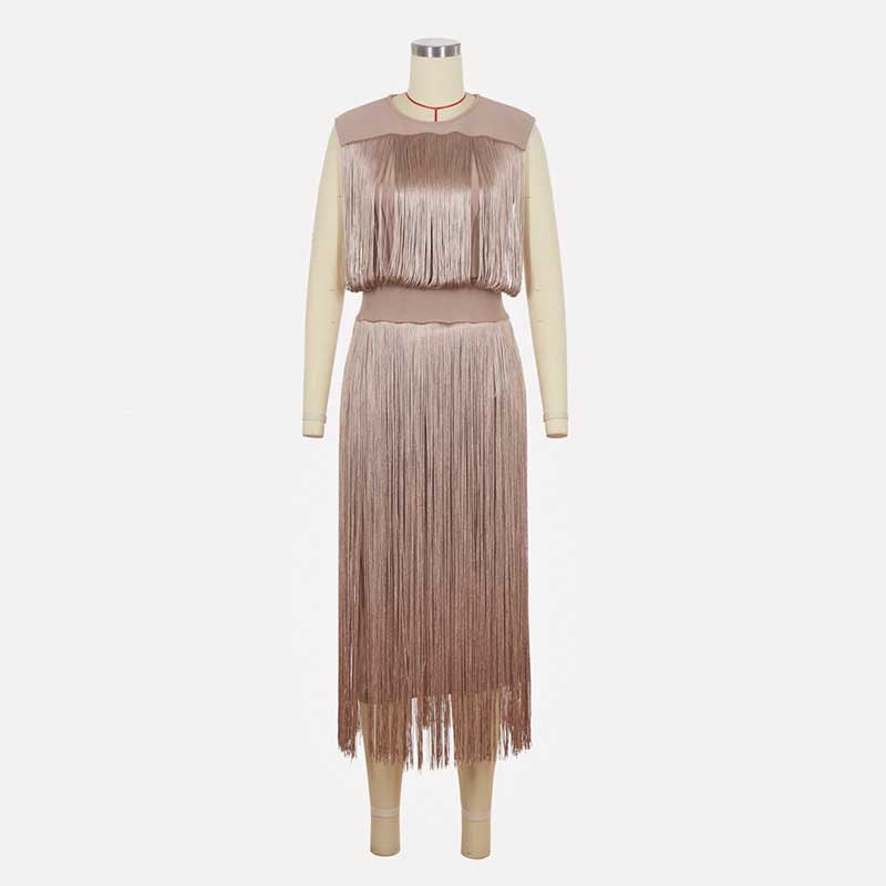 Elegant sleeveless tassel midi dress in soft beige with stylish fringe detailing for chic occasions