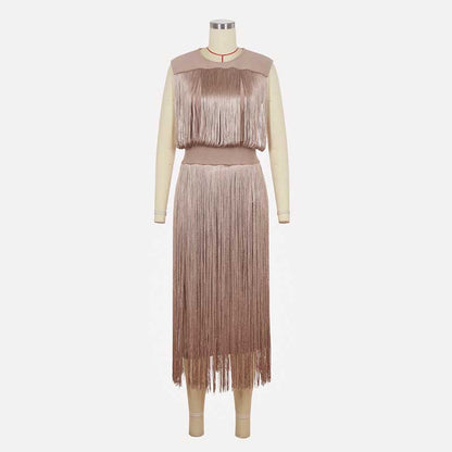 Elegant sleeveless tassel midi dress in soft beige with stylish fringe detailing for chic occasions