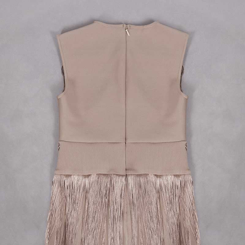 Elegant sleeveless tassel midi dress in soft beige with a chic fringed bottom design