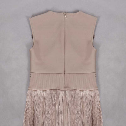 Elegant sleeveless tassel midi dress in soft beige with a chic fringed bottom design