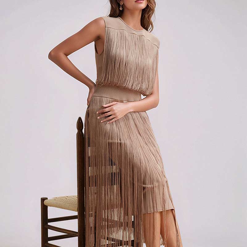 Elegant sleeveless tassel midi dress from SD Dresscode, featuring fringe details and a fitted silhouette