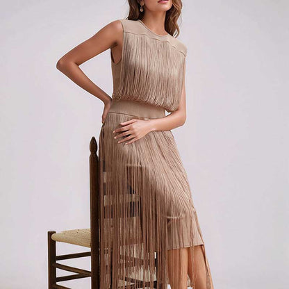 Elegant sleeveless tassel midi dress from SD Dresscode, featuring fringe details and a fitted silhouette