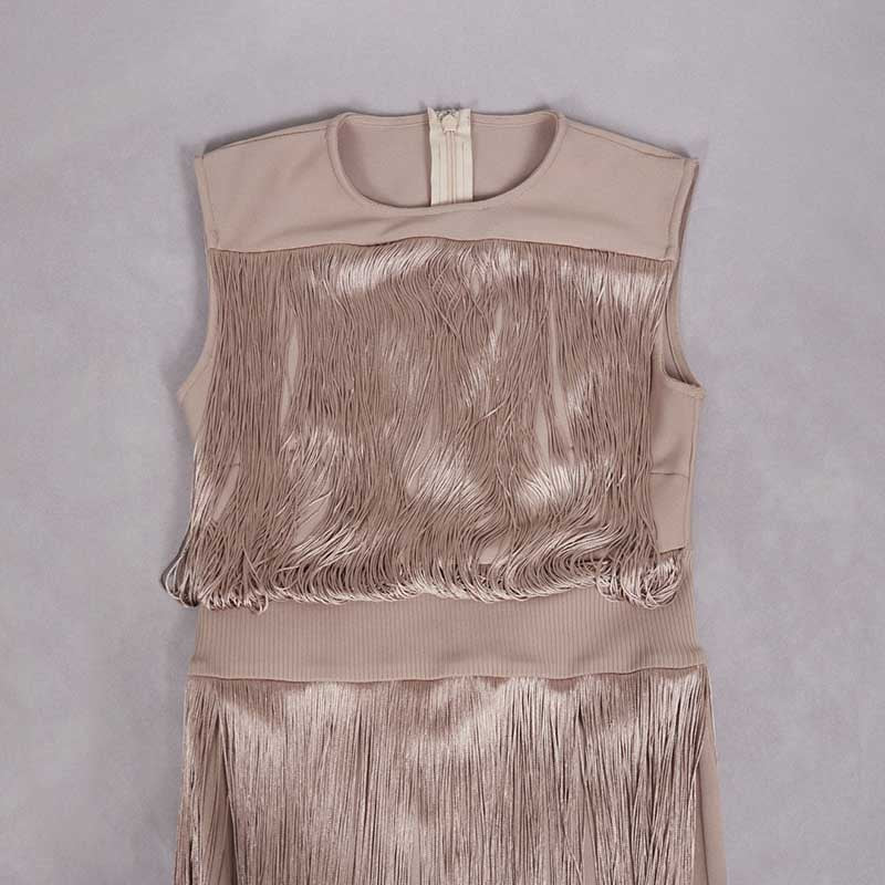 Elegant sleeveless tassel midi dress in blush with a stylish fringe design for trendy fashion.