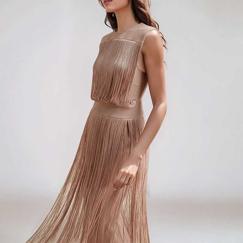 Elegant sleeveless tassel midi dress in soft beige perfect for special occasions and stylish outings