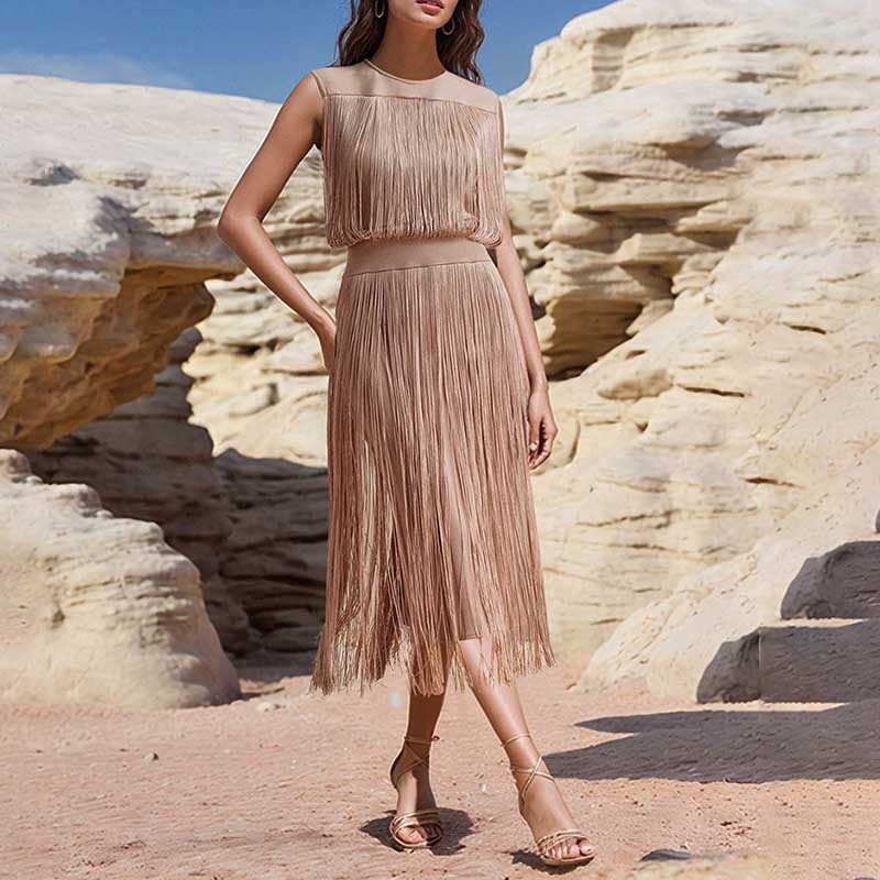 Elegant sleeveless tassel midi dress by SD Dresscode & Fashiontrends with a stylish fringed design