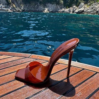 Women's Square Toe High Heel Mules in Brown