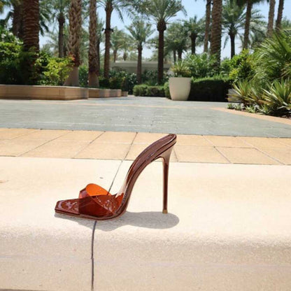 Women's Square Toe High Heel Mules in Brown