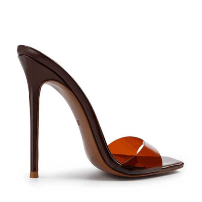 Women's Square Toe High Heel Mules in Brown