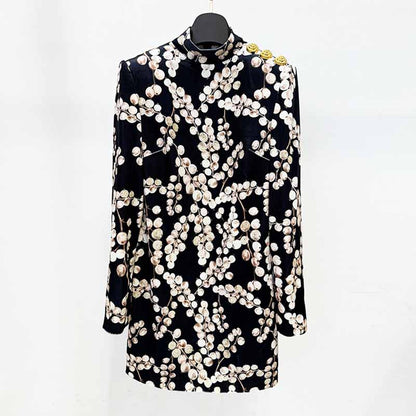 Women's Standard Collar Black Beaded Print Dress Velvet Mini Dress