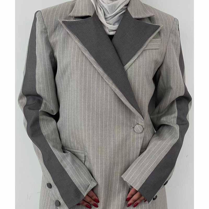 Women's Stripe Lapel Blazer Double Collar Straight Coat