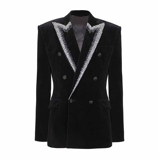 Women's Velvet Jacket with Beasted Collar Black Double Breasted Blazer