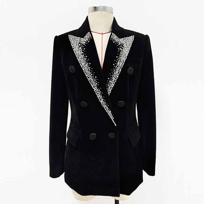 Women's Velvet Jacket with Beasted Collar Black Double Breasted Blazer