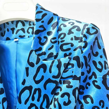 Close-up of blue leopard print fabric showcasing the stylish design of women's leopard print velvet pantsuit