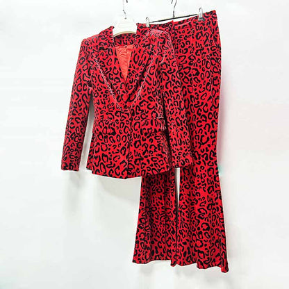 Bold women's leopard print velvet pantsuit in red with trendy design for stylish outfits