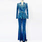 Women's Velvet Pantsuit Leopart-Printed Suit Wide-Leg Animal Print Slim Suit