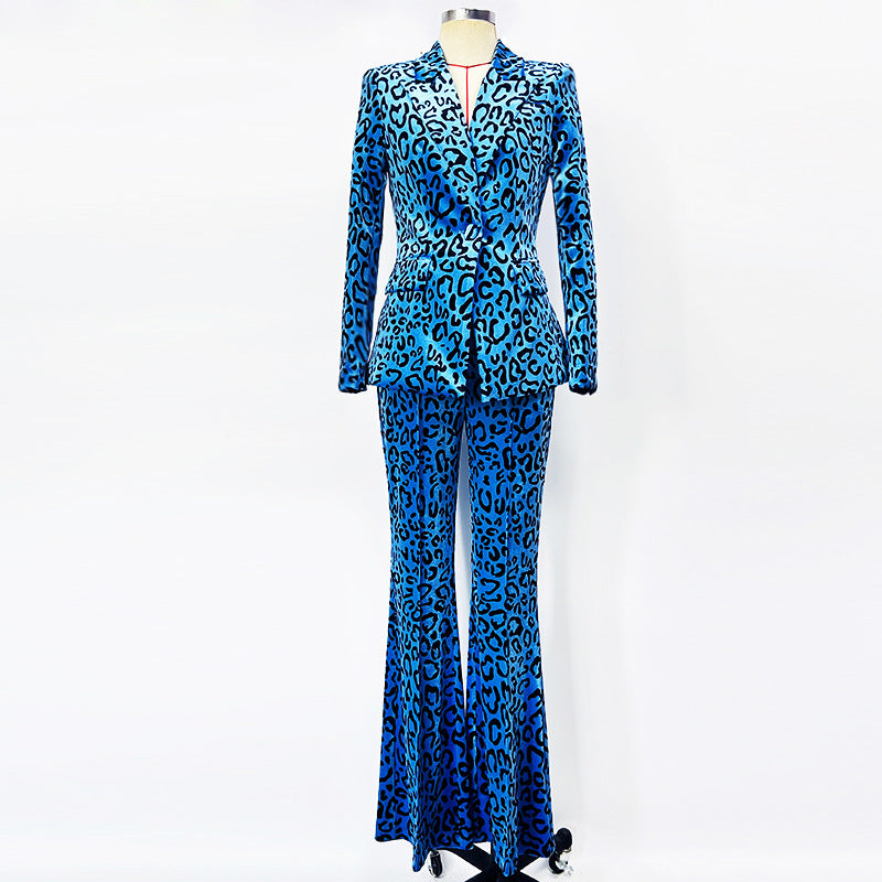 Women's Velvet Pantsuit Leopart-Printed Suit Wide-Leg Animal Print Slim Suit