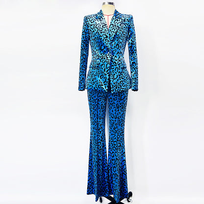 Stylish women's leopard print velvet pantsuit in blue and black for a bold fashion statement
