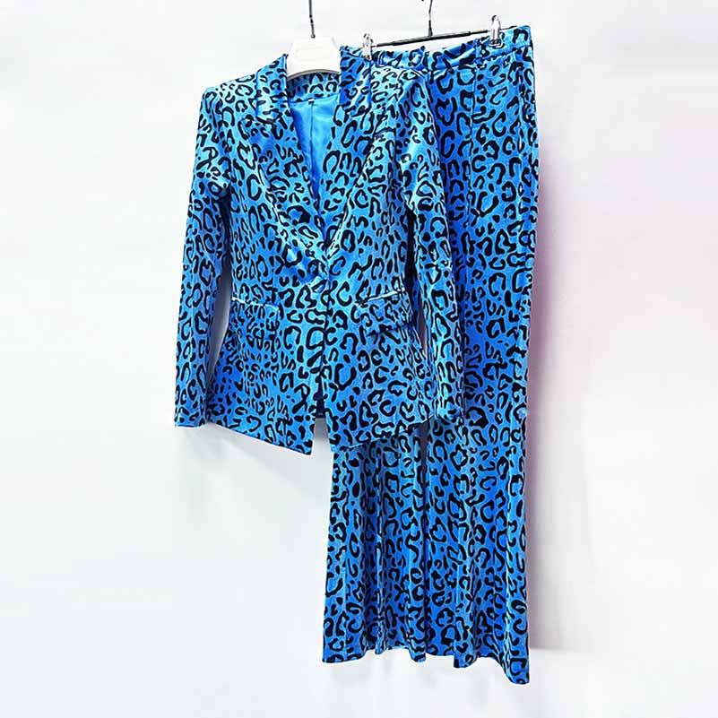 Women's Velvet Pantsuit Leopart-Printed Suit Wide-Leg Animal Print Slim Suit