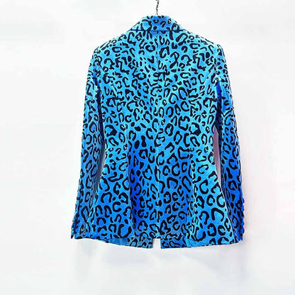 Blue women's leopard print velvet pantsuit featuring a stylish leopard pattern on the fabric