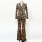 Women's Velvet Pantsuit Leopart-Printed Suit Wide-Leg Animal Print Slim Suit