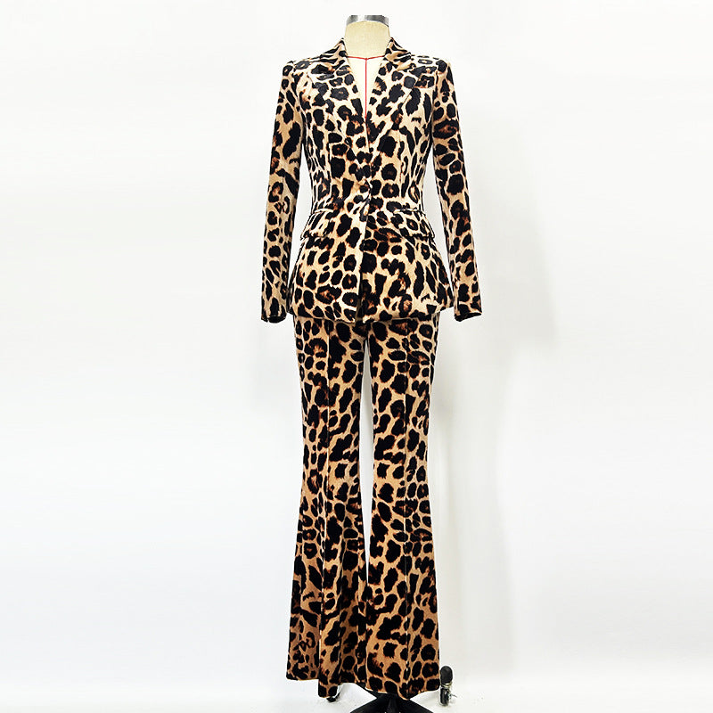 Women's Velvet Pantsuit Leopart-Printed Suit Wide-Leg Animal Print Slim Suit