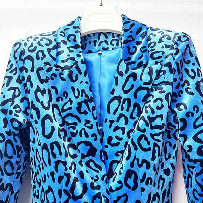 Women's leopard print velvet pantsuit in vibrant blue with a stylish blazer design